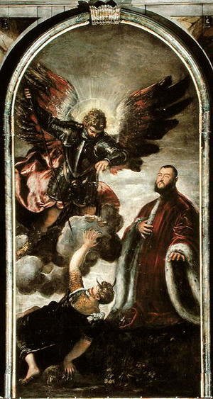 Jacopo Tintoretto (Robusti) - Archangel Michael vanqishing Lucifer in the presence of a Venetian senator