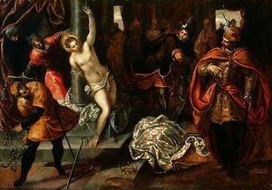 Saint Catherine of Alexandria being whipped in the presence of Emperor Maxentius