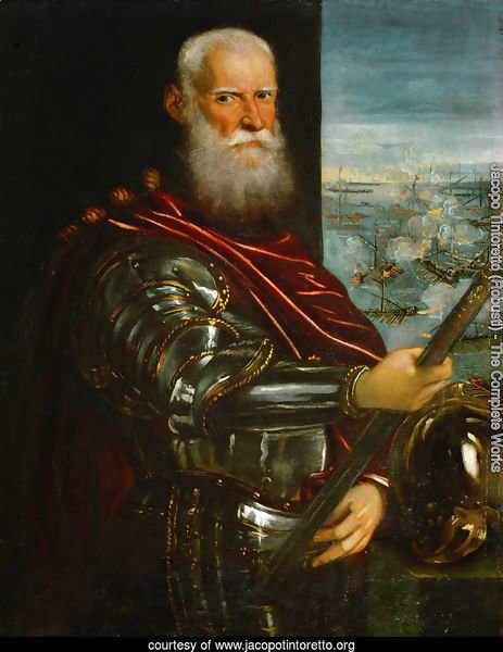 Portrait of Sebastiano Vernier d.1578 Commander-in-Chief of the Venetian forces in the war against the Ottoman Empire with the battle of Lepanto in the background, c.1571