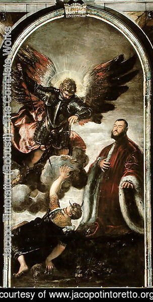 Archangel Michael vanqishing Lucifer in the presence of a Venetian senator