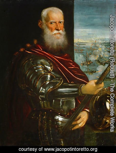 Jacopo Tintoretto (Robusti) - Portrait of Sebastiano Vernier d.1578 Commander-in-Chief of the Venetian forces in the war against the Ottoman Empire with the battle of Lepanto in the background, c.1571